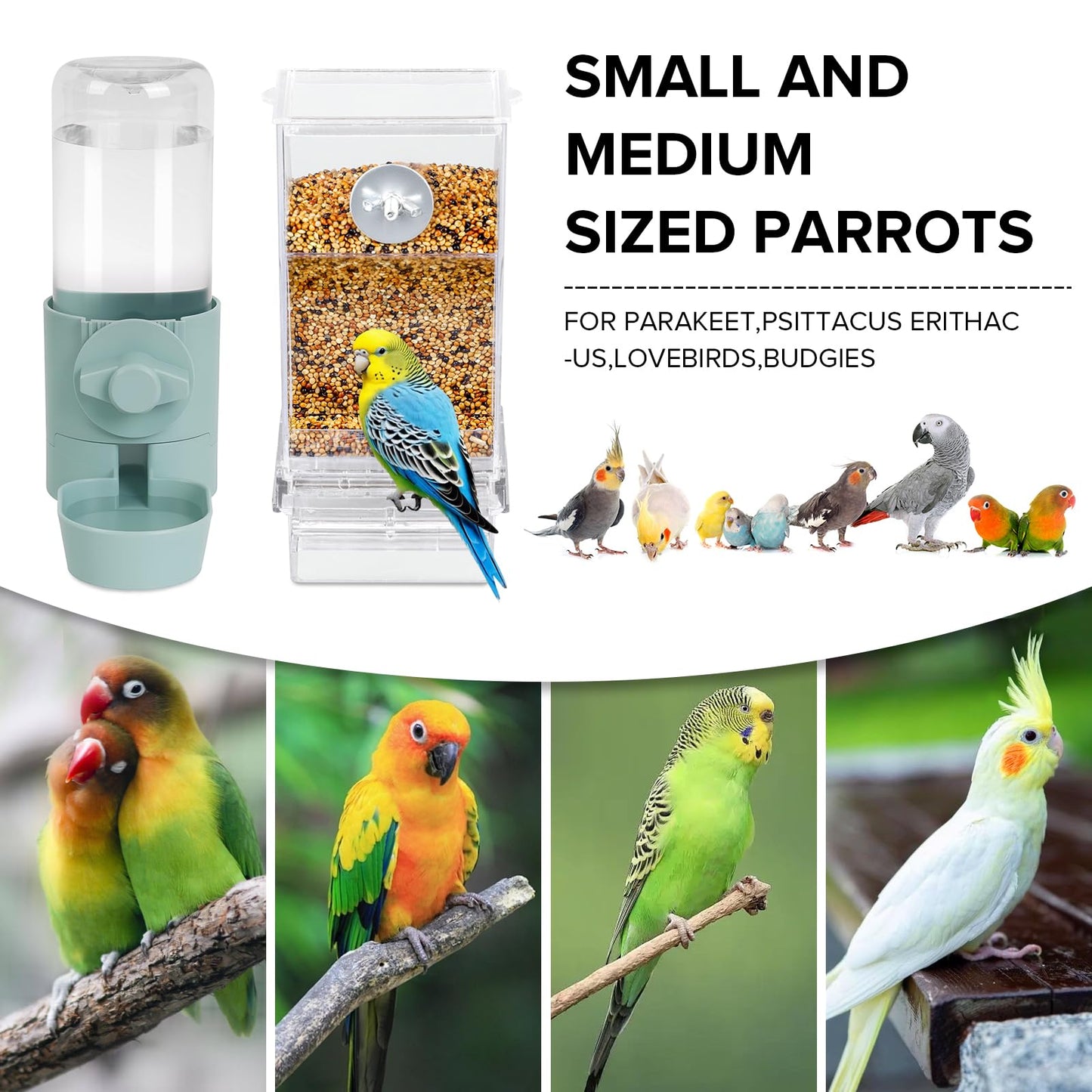 lemtrflo No Mess Bird Feeder Water Dispenser Set, Bird Feeder for Cage, Cage Accessories for Cockatiels, Finches, Budgies and Canaries