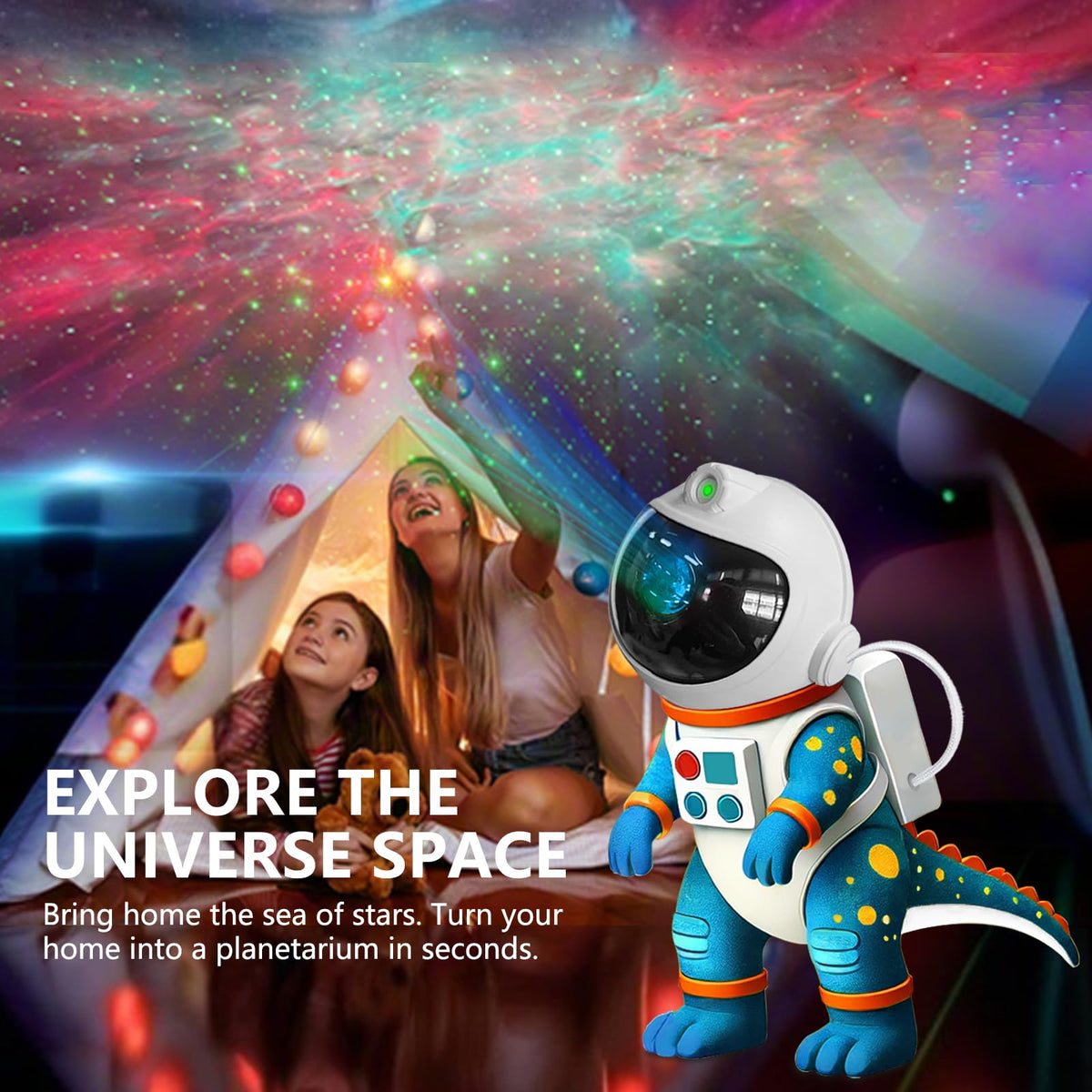 LUCYLANKER Dinosaur Astronaut Galaxy Star Projector Night Light, 8 in 1 LED Space Planetarium Lamp, 360° Rotating with Remote & Timer, Kids Adults Bedroom Decor, Christmas Birthday Gifts (Blue)