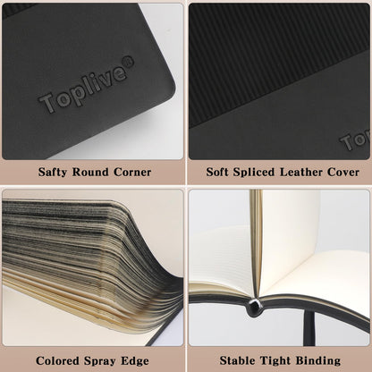 Toplive A5 Journal Notebook Soft Flexible Leather Cover, Premium Thick Lined and Blank Paper Double Layout 8.26" x 5.7" with Metal Bookmark, Black