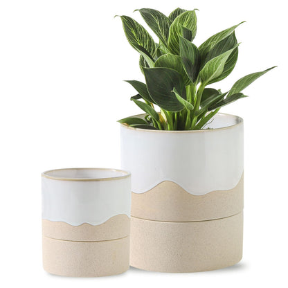 Nihow Self Watering Plant Pot for Indoor Plants: 4.5+6 Inch Ceramic Planter with Drainage Hole & Water Storage Plus - Cylinder Flower Pot with Wick for Herbs -White & Nature