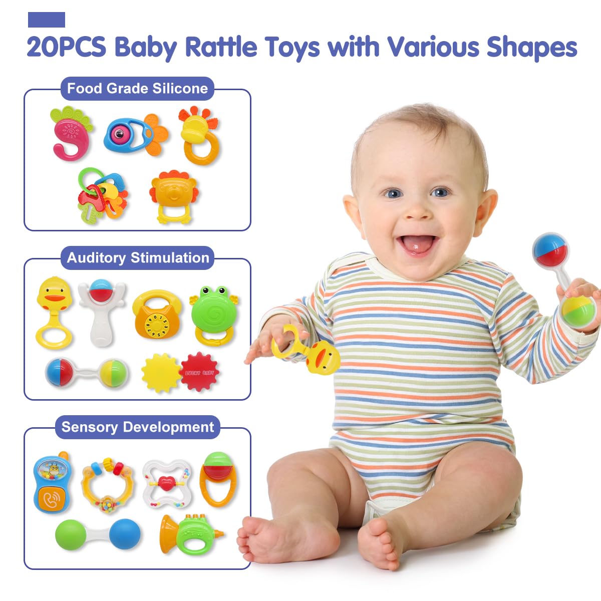 RUIDYA 20PCS Baby Rattles Toys Set, Baby Toys 3-6 Months, Infant Grab and Shake Rattle, Sensory Teether, Learning Toy for 0 1 2 3 4 5 6 7 8 9 10 11 12 Month 1 Year Old Newborn Boys Girls