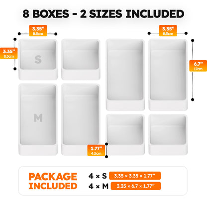 eazttouz 8 Pack Stackable Drawer Organizer Trays, Plastic Shallow Storage Bins for Bathroom Vanity, Desk Drawer, Kitchen, Makeup Organization, White (4M+4S)