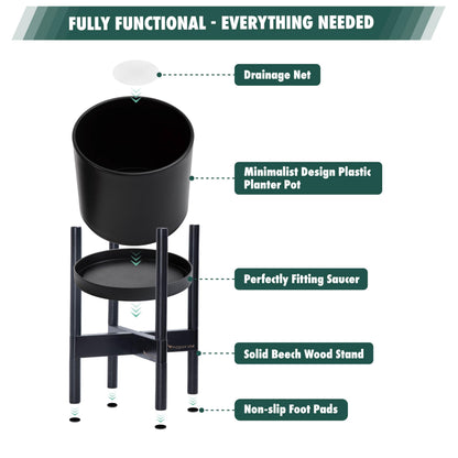 D'vine Dev Planter Pot with Stand - 8 Inch Plastic Cylinder Flower Pot with Wood Planter Holder for Indoor, Matte Black Pot + Ebony Stand, 55-C-K-2