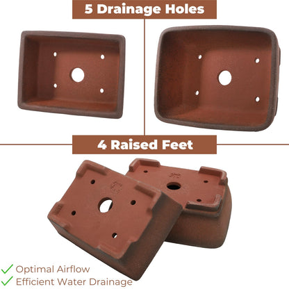 ELFULLY 2 Pack Ceramic Bonsai Pots with Drainage Tray, 6" and 7" Unglazed Rectangle Bonsai Tree Planters, Bonsai Training Pots, Succulent Cactus Planter with Drainage Hole for Outdoor Indoor, Brown
