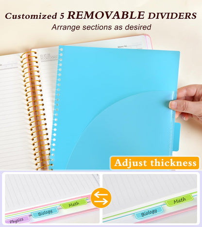 5 Subject Notebook College Ruled with Removable Pocket Dividers Tabs, 240 Pages Spiral Notebook 8.5 x 11, Lined Journal Notebook for Women , Hardcover Notebooks for Work School Note taking A4 Pink