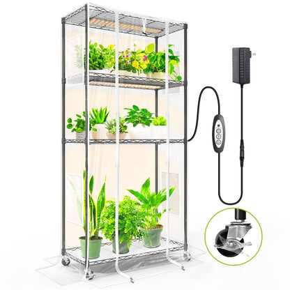 SpeePlant Indoor Greenhouse with Grow Light and Shelves - 4 Tier Plant Stand with Grow Light, Zippered PVC Cover and 3 Dimmable 1.8FT 60W Grow Lights with Timer, 30" L X 14" W X 59" H, Black