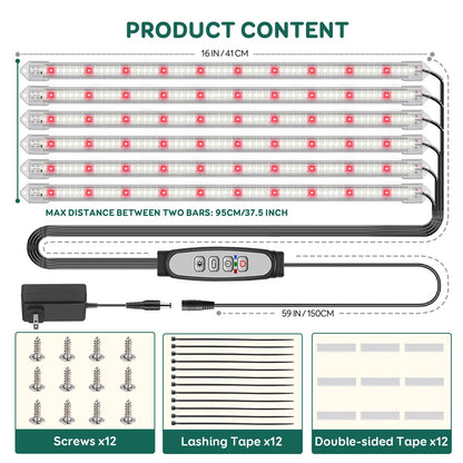 LPMZMBL 6-Bar Grow Light Strips for Indoor Plants, 16" Full Spectrum Plant Lights, 6500K Sunlike Grow Lights with 6/12/18H Timer, 5-Level Dimmable for Indoor Growing