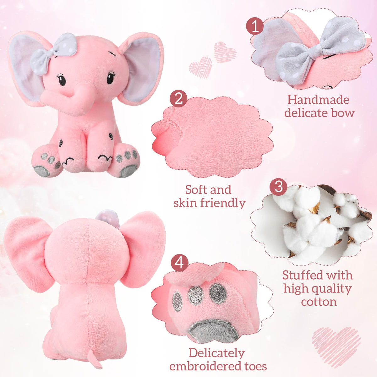 HyDren 12 6 Pieces Elephant Stuffed Animals 8 Inch Big Ear Stuffed Elephant Animal Plush Toy Gift for Baby Shower Boys Girl, Woodland Nursery Bed Decor Birthday Party Supplies (Pink)