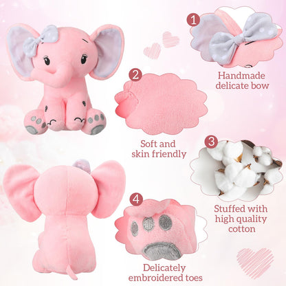 HyDren 12 6 Pieces Elephant Stuffed Animals 8 Inch Big Ear Stuffed Elephant Animal Plush Toy Gift for Baby Shower Boys Girl, Woodland Nursery Bed Decor Birthday Party Supplies (Pink)
