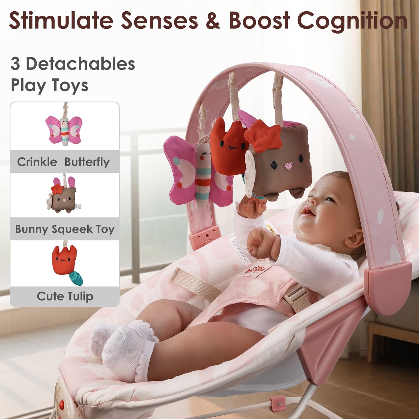 Baby Bouncer – Baby Bouncer seat, Infants Bouncy Seat with Music & Sensory Toys, Machine Washable Seat Pad Indoor Infant Seat, Ideal for Newborns 0-6 Months, 20lbs (Pink Floral)