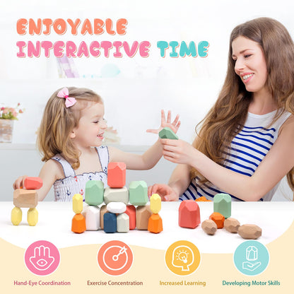 36PCS Wooden Stacking Rocks Building Blocks, Montessori Toys for 3 4 5 year old Stacking Game Sensory Preschool Learning Activities, Balancing Stones Birthday Gifts for Kids 3-5 Easter Basket Stuffers