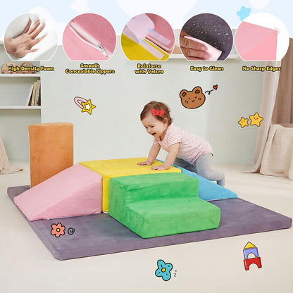 HAHASOLE 7-Piece Foam Climbing Blocks for Toddlers, Toddler Climbing Toys Indoor, Climb and Crawl Soft Foam Play Set with 47x47, 1.5" Thick Baby Play Mat for Floor, Removable & Machine-Washable Cover
