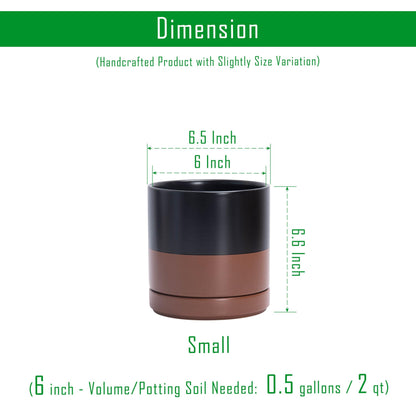 D'vine Dev Set of 2 Plants Pots, 6 Inch Ceramic Planter Pot for Plants with Drainage Hole and Saucer, Black/Speckled Tan, 94-V-C-7