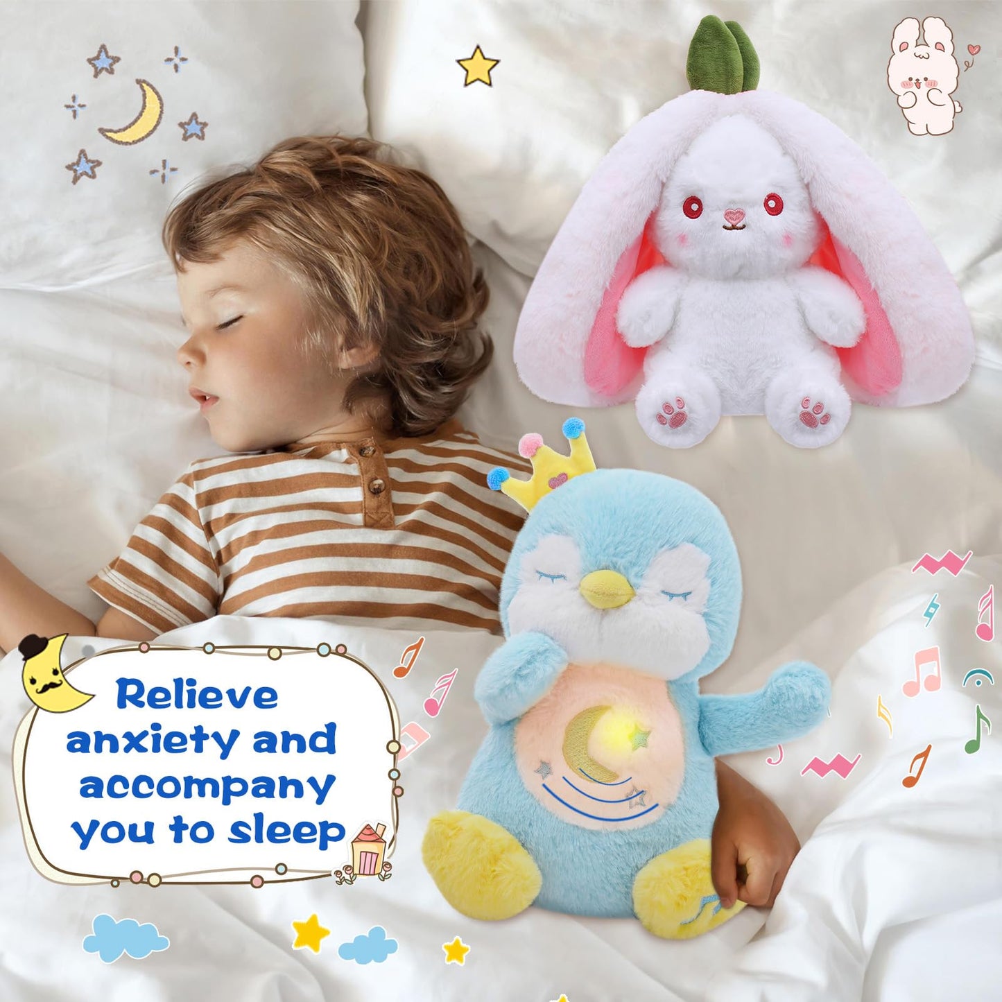 MIAODAM Breathing Stuffed Animal Penguin & Bunny Stuffed Animal Cuddle Bunny Stuffed Relief Anxiety Stuffed Perfect for Baby Toddler