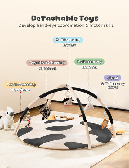 2PM SPORTS Cow Theme Baby Play Mat, Tummy Time Mat for Infant Newborn, Baby Play Gyms & Playmats for 0-3 3-6 6-12 Months, Activity Mat 5 Detachable Toys, Non Slip Gym Mat Easy to Install & Clean