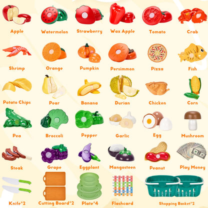 Cutting Play Food Toys, 200 Pieces Pretend Play Kitchen Accessories, Fake Fruits/Vegetables Cards, Play Money, 2 Shopping Storage Baskets, Birthday Gift, Educational Toy for Toddler Children