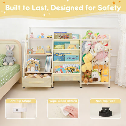 Fabuday Kids Bookshelf and Toy Storage Organizer - 4 Tiers Large Toddler Baby Sling Book Shelves for Kids Room with Stuffed Animal Storage, 3 Tier Montessori Childrens Bookcase for Nursery, Playroom