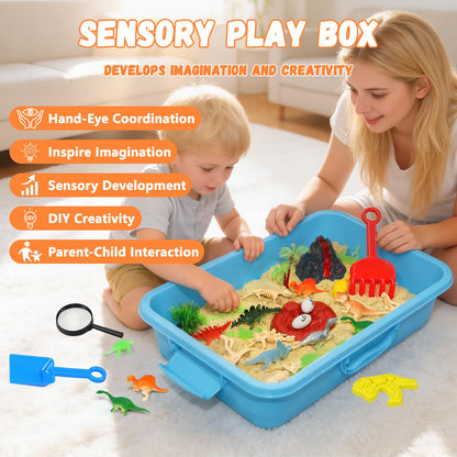 Vectronum Dinosaur Sensory Bin with Lid - 2.64lbs Sand, Archaeology Tools, Dino Figures & Skeletons, Sensory Kit for Boys Toddlers, Dinosaur Toys for Kids 3 4 5 6 7+ Year Old Christmas Birthday Gift