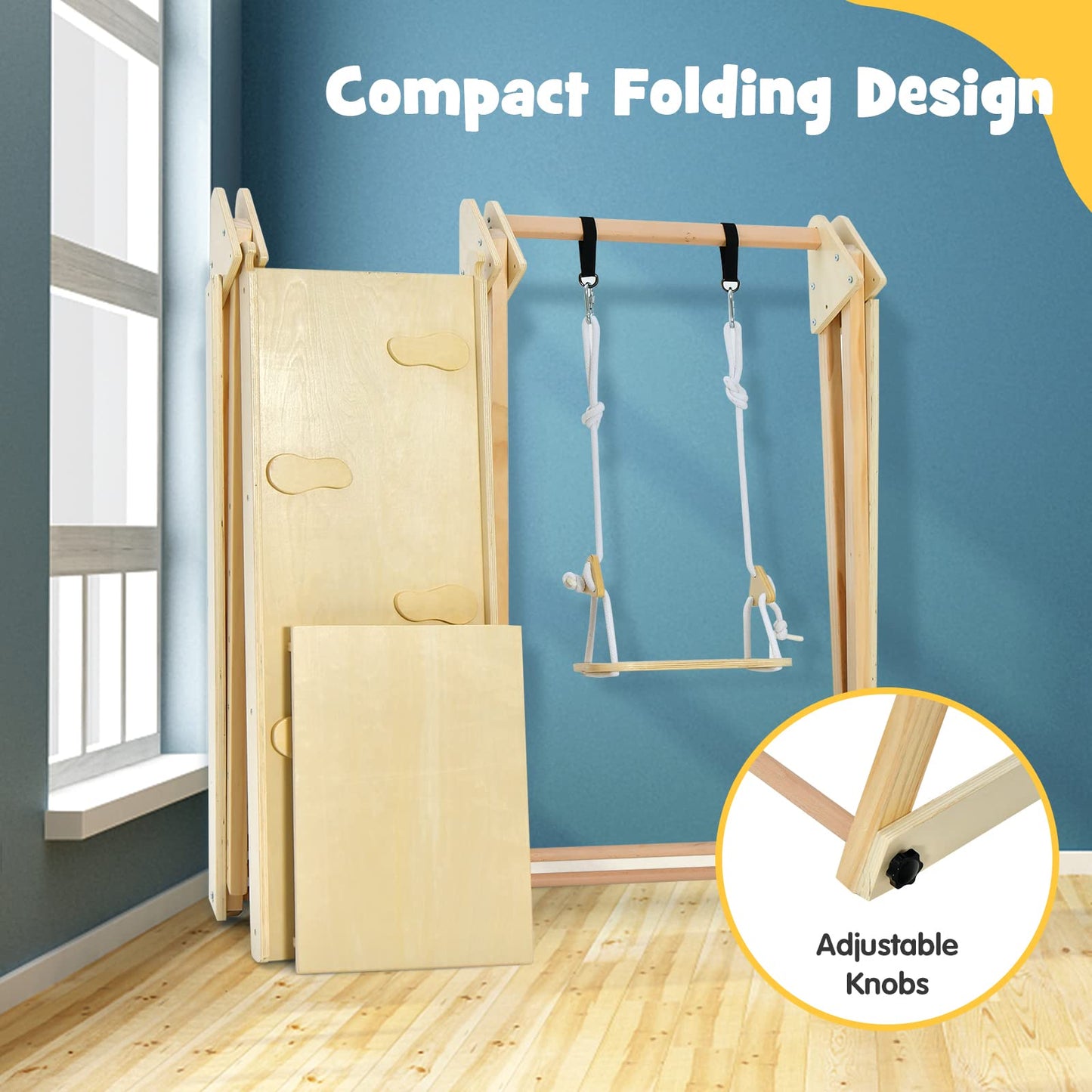 OLAKIDS Indoor Jungle Gym 4 in 1 Foldable Toddler Wooden Montessori Baby Climbing Toys with Swing Slide Ramp Ladder for Kids Playground Climb Activity Play Structure