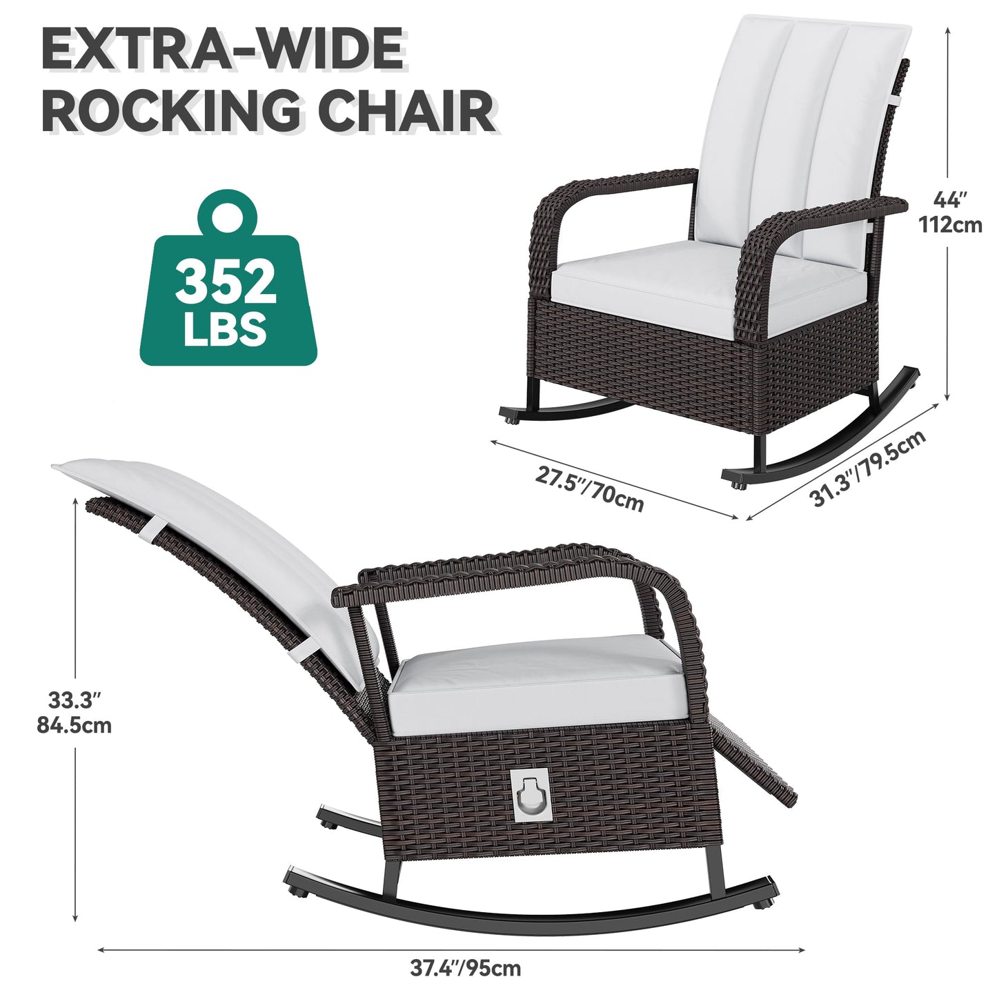 YITAHOME Outdoor Rocking Chair Set of 2, Wicker Lounge Chairs with Adjustment Backrest, PE Rattan Patio Recliner Chair with Adjustable Footrest and Soft Cushions, Ideal for Garden Backyard Porch Patio