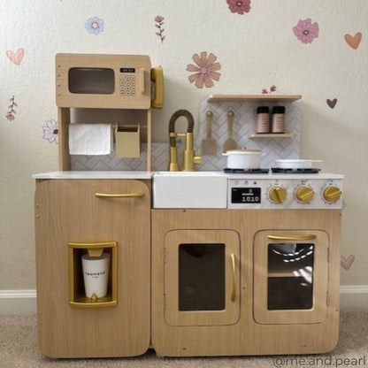 Teamson Kids Little Chef Cyprus Play Kitchen Set for Toddlers with 14 Accessories, Wooden Toy Cooking Playset for Kids Ages 1-8, Montessori Cooking Station, Light Oak/White Pretend Kitchen