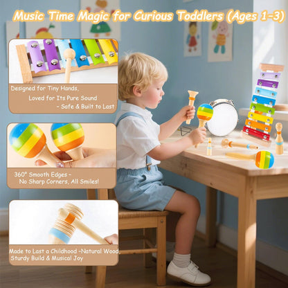 Montessori Toys for 1 2 Year Old, Wooden Musical Instruments for Toddlers 1-3, Educational Baby Drum Set with Xylophone & Maracas, First Birthday Gifts for Boys Girls, Easter Basket Stuffers for Kids
