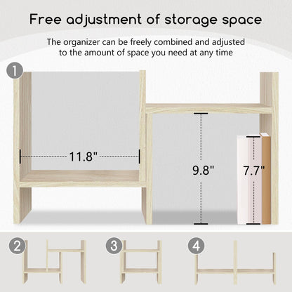 Jerry & Maggie Desktop Organizer Office Storage Rack Adjustable Wood Display Shelf Free Style Double H, Multi-Functional Mini Bookshelf for Desk Natural Stand (White Wood Tone)