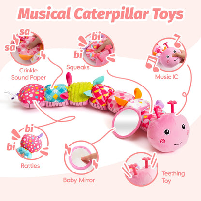 Baby Toys 0-6 Months, Musical Caterpillar Plush Toy with Rattles,Crinkle Sound, Mirror, Newborn Sensory Toys for Infants Developmental Stuffed Animal with Tummy Time for Boys Girls 6-12 Month (Pink)