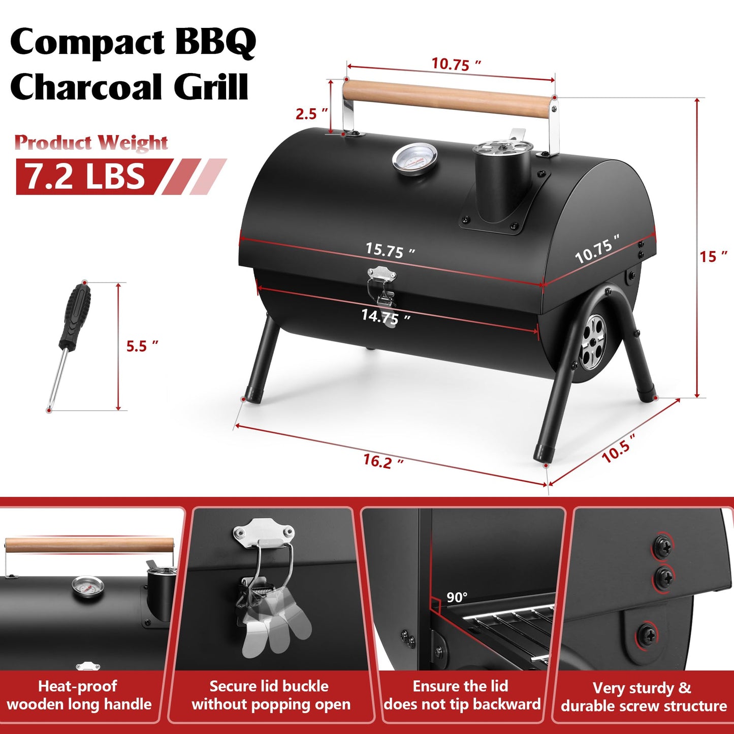 Portable Charcoal Grill with Thermometer, HaSteeL Small Tabletop Barbecue Grill Smoker for Outdoor Camping Backyard Beach BBQ, 117 Square Inches Cooking Area, Thick Steel, Screwdriver, Black