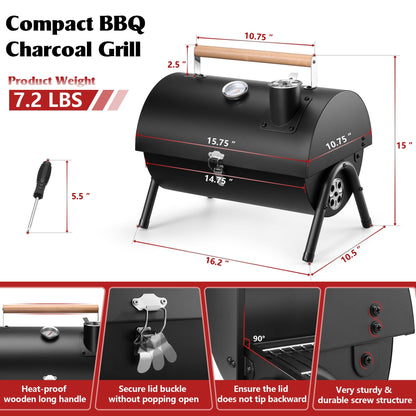 Portable Charcoal Grill with Thermometer, HaSteeL Small Tabletop Barbecue Grill Smoker for Outdoor Camping Backyard Beach BBQ, 117 Square Inches Cooking Area, Thick Steel, Screwdriver, Black