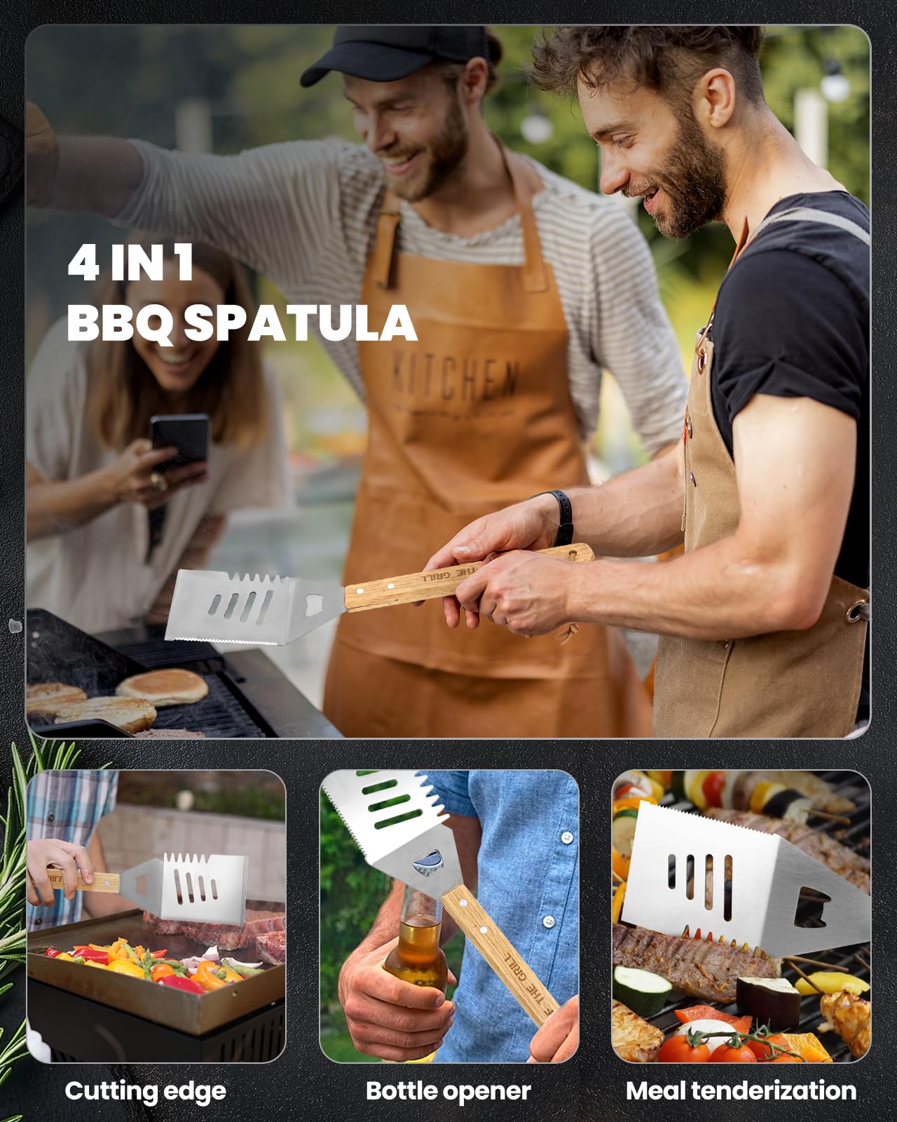 Coralogo 4PCS Grilling Accessories BBQ Tools - Stainless Steel Grill Set with Tongs, Fork, Spatula, Brush, Carrying Bag, Birthday for Men, Father, Husband