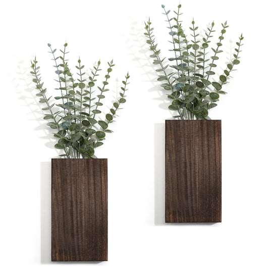 Vesici 2 Pack Wood Wall Planter Vase with Artificial Plants Indoor Plants Holder Pocket Farmhouse Wooden Vases Wall Flower Hanging Plant Decor for Bedroom Kitchen Office Home(Eucalyptus,Wood)