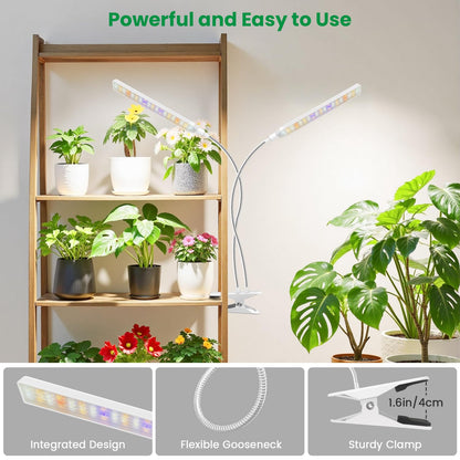 Aumtrly Plant Lights for Indoor Growing, 2 Head 114 LED Full Spectrum Clip on Grow Lights for Indoor Plants with 6/12/16H Timer, 5 Dimming, 3 Light Mode, White Gooseneck Grow Lamp