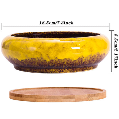 ARTKETTY Succulent Pots - 7.3 Inch Large Succulent Planters with Drainage Ceramic Bonsai Pots with Bamboo Tray, Shallow Planters for Indoor Cactus Plants Decorative Flower Plant Container
