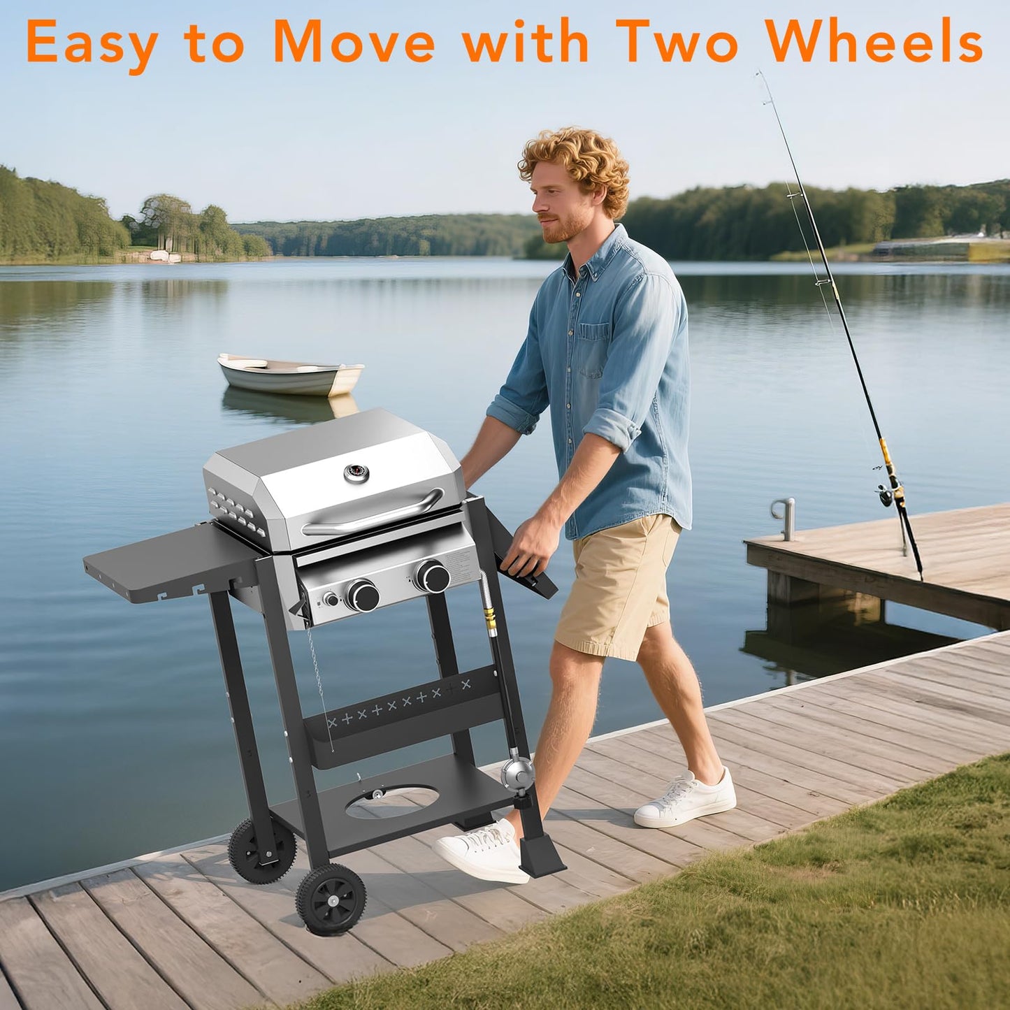 Electactic Propane Gas BBQ Grill 2-Burner Barbecue Grills with Cast Iron Frying Pan and Grates Combo, 16000 BTU Output Stainless Steel Grill for Outdoor Cooking, Patio, Backyard Party