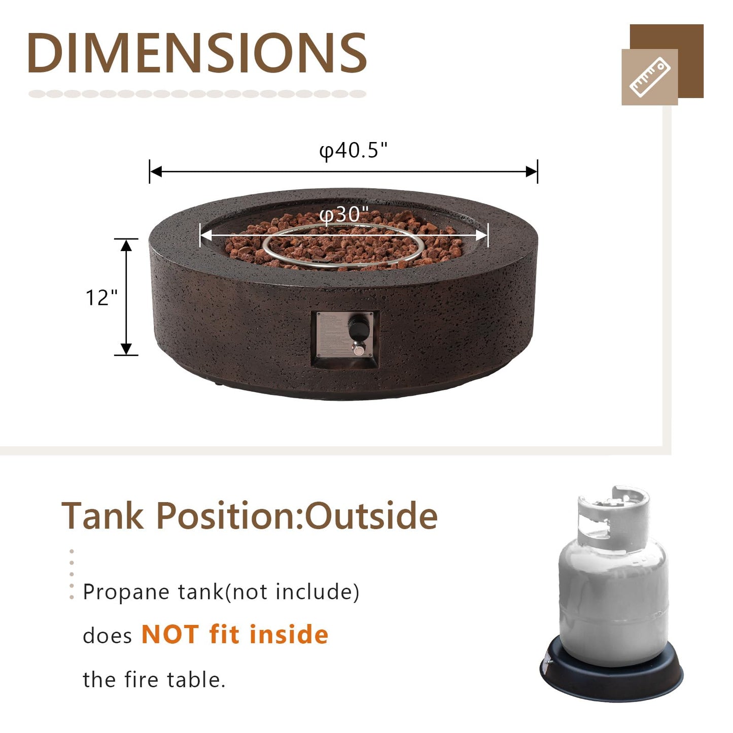 COSIEST 42 inch Outdoor Propane Fire Pit Coffee Table w Concrete Round Base Patio Heater, 50,000 BTU Stainless Steel Burner, Free Lava Rocks, Rain Cover, Brown