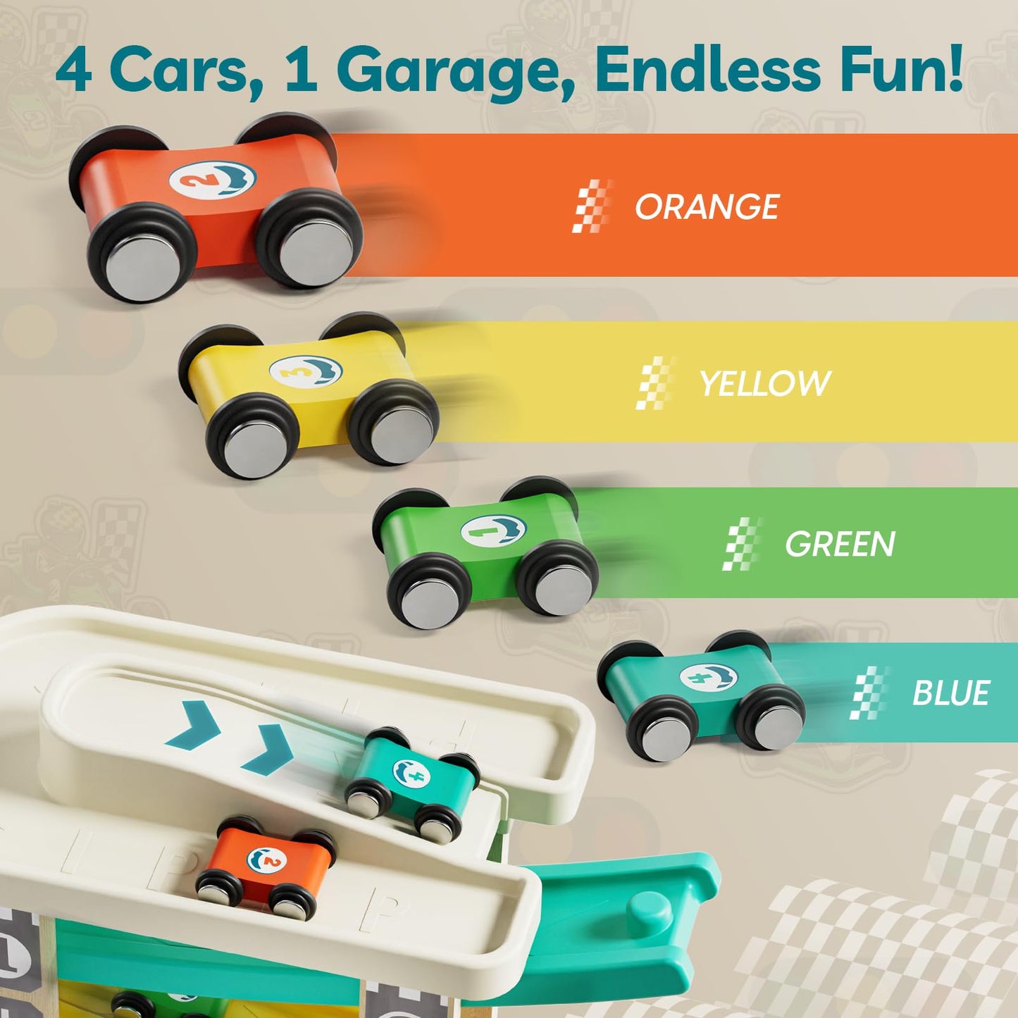 TOP Bright Toddler Wooden Race Track Car Ramp Toys for 1 2 Year Old Baby Motor Skills Race Tracks Car Ramp Vehicle Playsets with 4 Mini Cars and 1 Car Garage