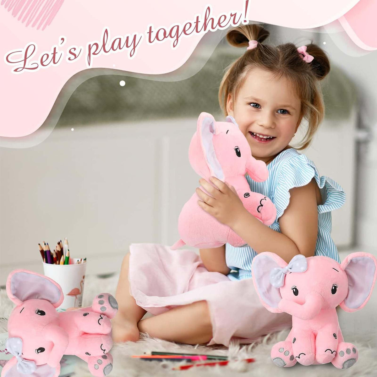 HyDren 12 6 Pieces Elephant Stuffed Animals 8 Inch Big Ear Stuffed Elephant Animal Plush Toy Gift for Baby Shower Boys Girl, Woodland Nursery Bed Decor Birthday Party Supplies (Pink)