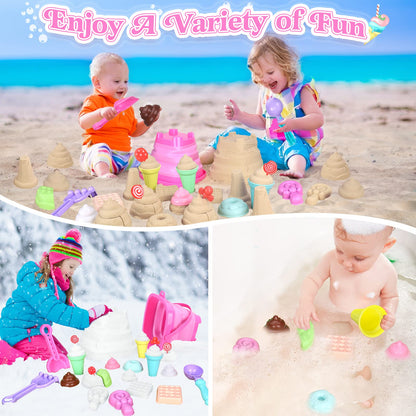 Collapsible Beach Toys Set for Kids Toddlers Girls, Collapsible Sand Bucket and Shovels Set with Mesh Bag & Sand Molds, Ice Cream Travel Sand Toys for Beach, Sandbox Toys for Toddlers Kids Age 3-10