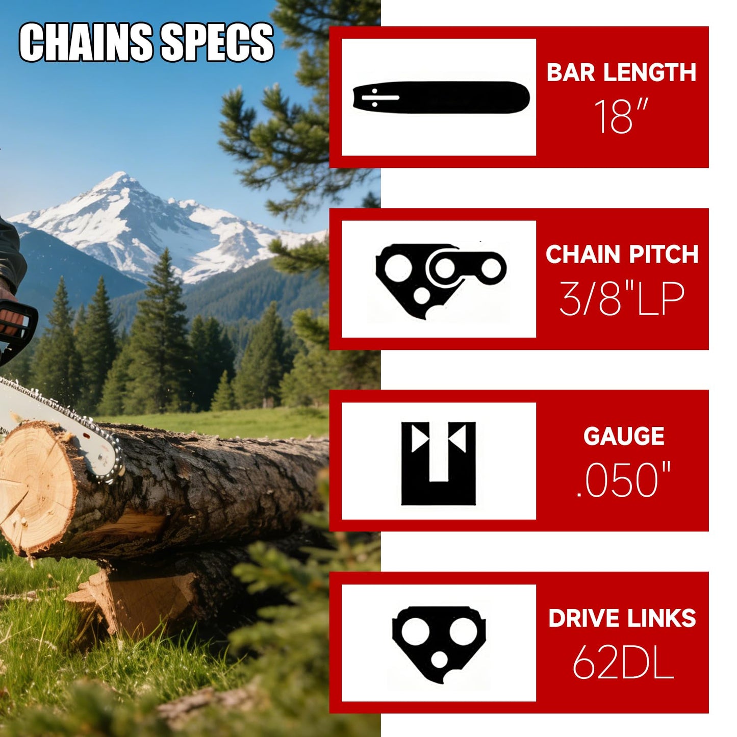 5 Pack 18 Inch Chainsaw Chain 3/8" LP Pitch .050" Gauge 62 Drive Links Fits Poulan, Kobalt, Echo, Ego, Greenworks and More