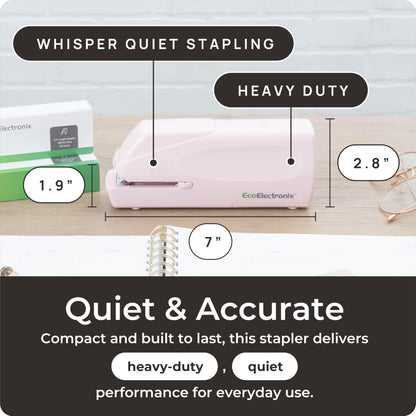 EcoElectronix Portable Automatic Electric Stapler Pro - 30 Sheet Capacity, Quiet Operation, Jam-Free and Easy Reload - AC Adapter/Battery Powered (Pink)