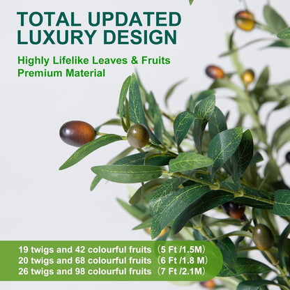 Olive Trees Artificial Indoor, 7FT Tall Faux Olive Tree with Moss and Planter, Artificial Plants Indoor with Natural Wood Trunk and Lifelike Fruits, Fake Tree for Home Office Living Room Decor