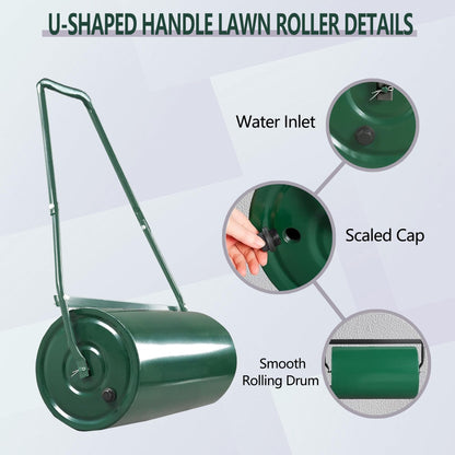 Garvee 9.5 Gallon Tow-Behind Lawn Roller | Water/Sand Fillable Garden Drum with u-Shape Handle | Heavy Duty Soil Leveler for Seeding, Sod, and Turf Maintenance