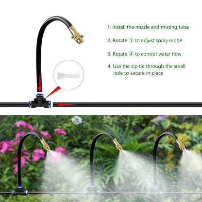 HEKIWAY 60FT Drip Irrigation System for Garden – Automatic Watering Kit with Solid Brass Metal Connectors, 360° Bendable Tubing &16 Adjustable Nozzles for Greenhouse, Lawn, Yard & Plants