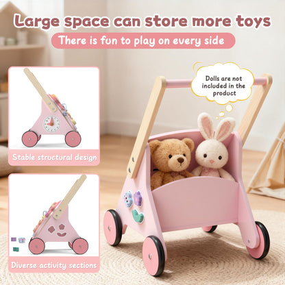 2 in 1 Wooden Baby Walker and Activity Center for Girls Boys Sit-to-Stand Learning Toy Kids Montessori Educational Push Toys with Music Detachable Busy Keyboard for Toddlers