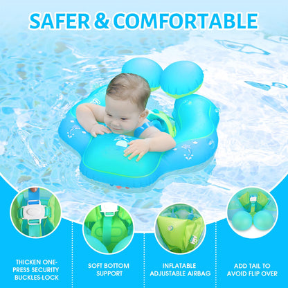Upgraded No Flip Over Baby Pool Float, Baby Float with Canopy UPF50+, Inflatable with Double Air Chambers,Five Safety Protection Anti-flip Safe, Baby Swimming Float with 2 Tail for 6-36 Months(Blue L)