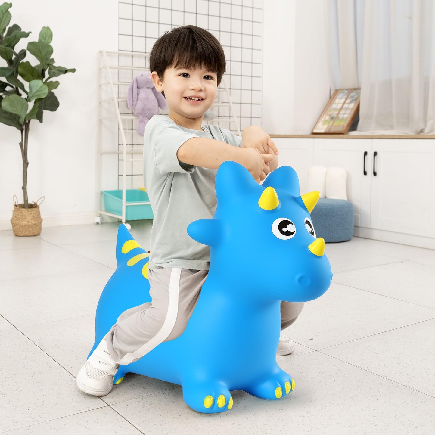 INPANY Bouncy Horse, Dinosaur Hopper Toys, Toddler Bouncing Animal, Dinosaur Party Decorations, Inflatable Ride on Rubber Triceratops Bouncer, Outdoor Cool Birthday Gift for 2 3 4 Yr Boy Girl Blue