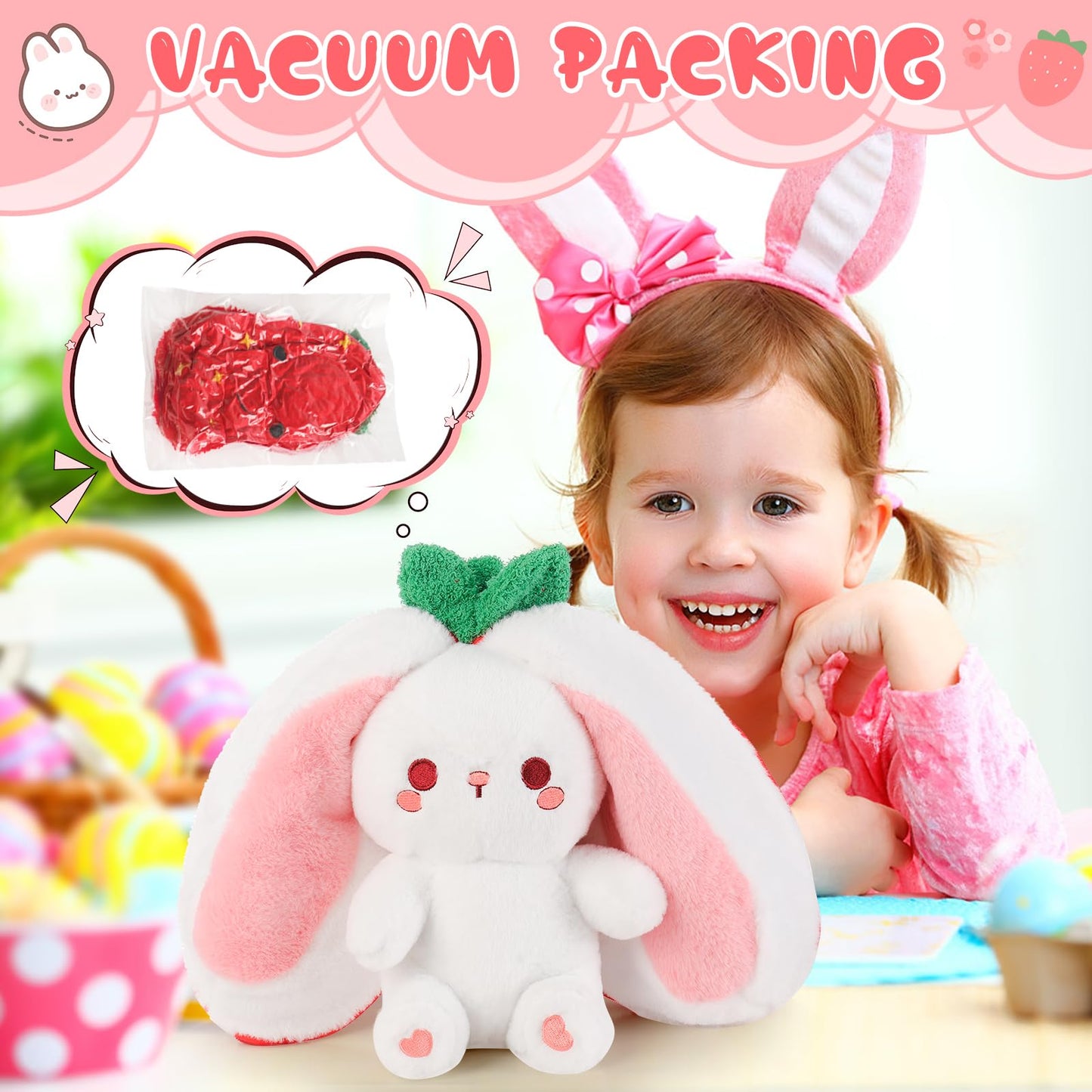 Emoin Bunny Stuffed Animal Reversible Cuddle Strawberry Bunny Plush Transformed Rabbit Toy Plush with Zipper Easter Bunny Plushies Gifts for Baby Boys Girls-7Inch