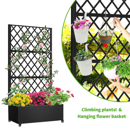 Metal Planter Box with Privacy Screen Trellis,Galvanized Raised Garden Bed On Wheels for Climbing Plants Vines, Standing Garden Flower Bed with Drainage Holes (Black, 35" L x16 W x 73" H)