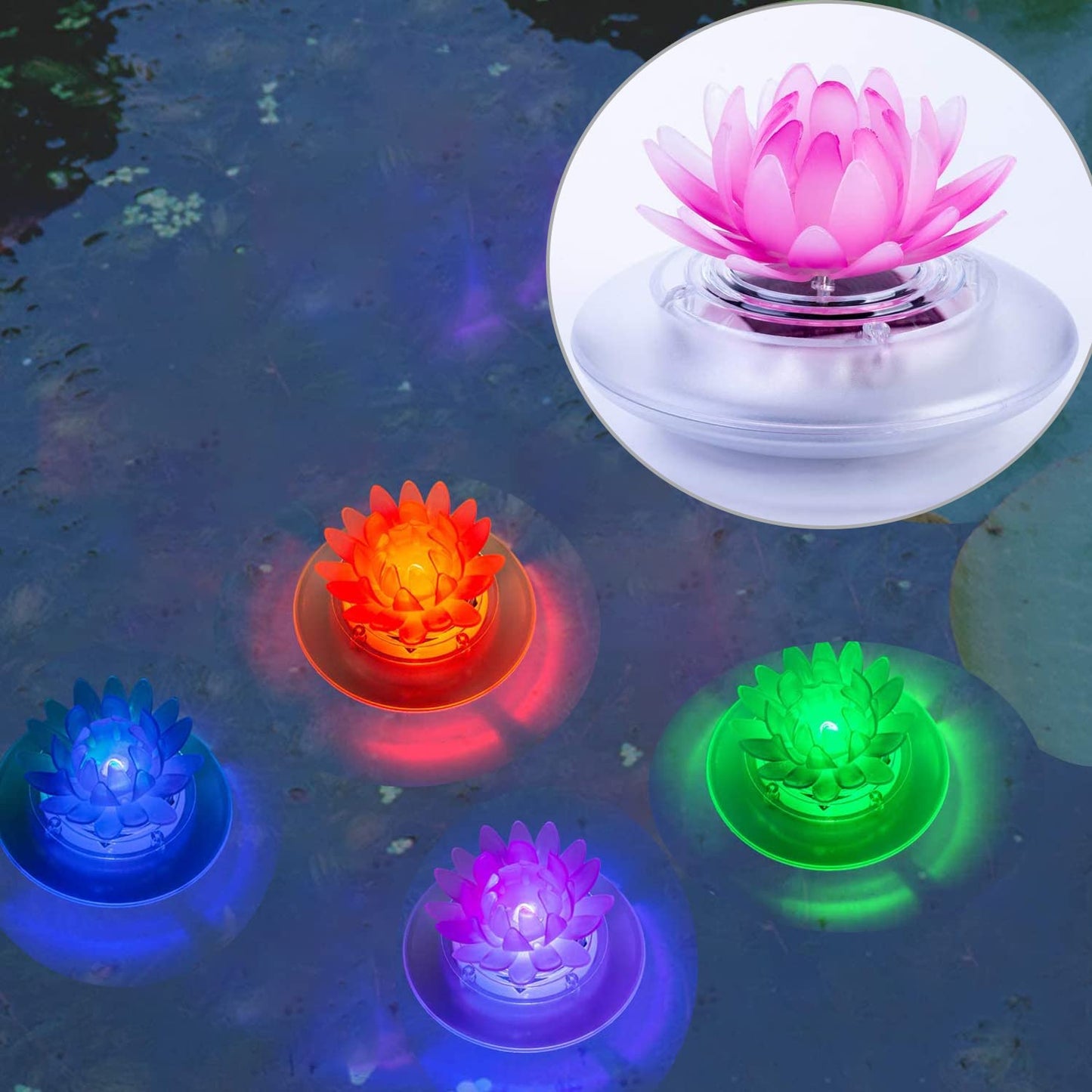 Larekook 2 Pack Solar Lotus Pond Lights, Floating Color Changing Lotus Flower Pool Lights Led Waterproof Outdoor Swimming Pool Pond Submersible Lights